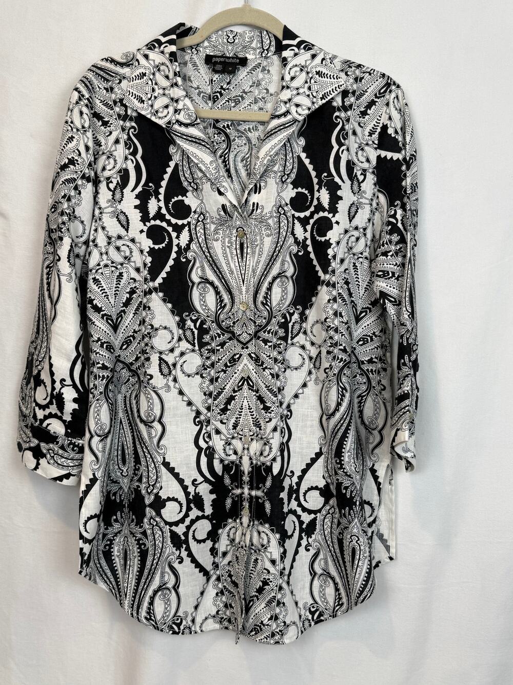 Paperwhite 100% Linen Paisley Tunic Blouse Women 12 Black White